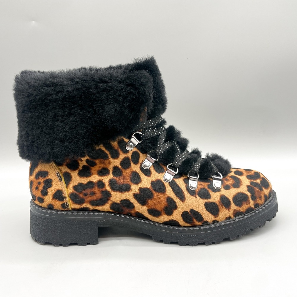J Crew Womens 9 M Nordic Boots Faux Fur Lug Sole Leopard Calf Hair Cozy Rugged